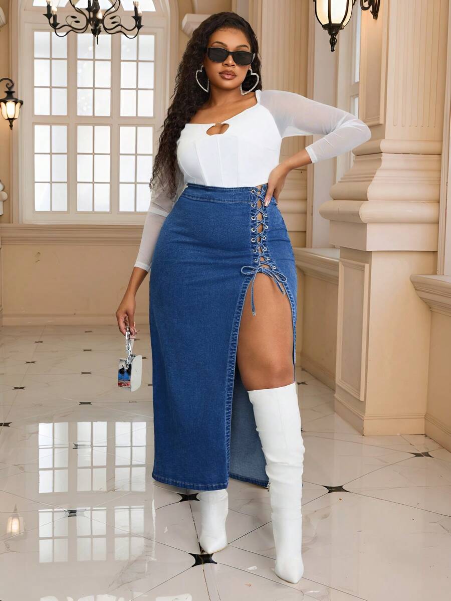 SHEIN SXY Plus Size Elastic Denim Midi Skirt With High Slit And Tie Design - Medium Wash - View 1