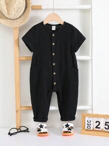 SHEIN 婴儿纯色圆领短袖连体衣，休闲百搭，适合秋冬季穿着 - 深灰色 - 查看 5