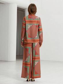 Aveloria Modichic 2pcs Women's Retro Printed Button-Up Shirt & Pants Suit, Casual Holiday Valentine's Day Spring Outfit Fall Cloth For Women - Multicolor - View 2