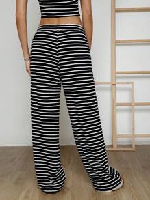 SHEIN EZwear Pantalones de punto a rayas negras y blancas informales para mujer