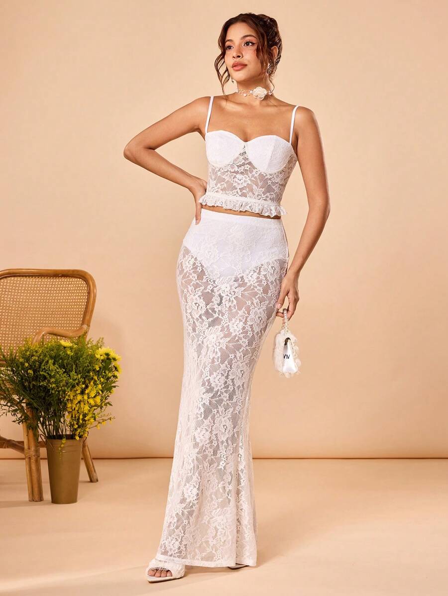 Neda Designer Women's White Lace Ruffle Spaghetti Strap Crop Casual Cami Top, Spring, Going Out, Festival - White - View 1