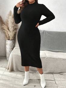 SHEIN VCAY Plus Size Solid Color Stand Collar Long Sleeve Casual Slim Fit Dress - Black - View 5