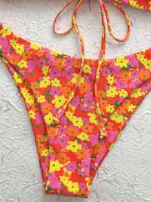 SHEIN Swim Print Random Spaghetti Strap Wireless Drawstring Tankini Top And Bikini Bottoms, Cute Beach Bikini Set For Women Summer - Multicolor - View 3