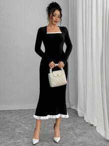 Chiquease Women's Elegant Romantic French Style Simple Long Knit Dress, Suitable For Holiday/Resort Wear Maxi Women Outfit - Black and White - View 4
