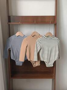 SHEIN LMoss Kids LMoss 3pcs/Set Newborn Baby Boy/Girl Adorable Knitted Striped Elastic Mock Neck Snap Crotch Bodysuit Set, Suitable For Autumn & Winter Indoor Layering - Multicolor - View 3