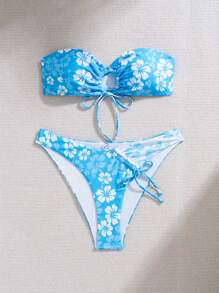 Conjunto de 2 piezas de bikini para mujer con flores pequeñas de contraste, escote sin tirantes, cordón y asimétrico, con tirantes desmontables, adecuado para vacaciones, salidas y fiestas