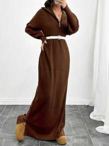SHEIN Tall Long Sweater Dresses With Zipper Details - Brown - View 3