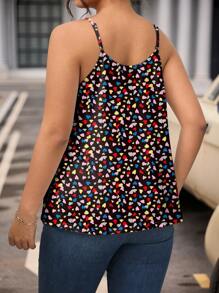 SHEIN LUNE Plus Size Women Heart Print Ruched Loose Cami Top, Valentine's Day - Black - View 2