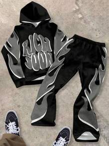 SHEIN 2 件套青少年男孩休闲时尚酷炫“RICH SOON”火焰文字图形印花宽松连帽长袖上衣和裤子套装 - 彩色 - 查看 1