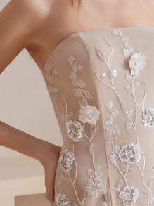 Anewsta 女装夏季新款时尚优雅优雅露肩露肩拼接铆钉花朵连衣裙 - 杏色 - 查看 7