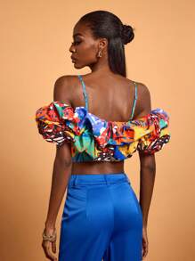 SHAQUITA GARCIA Top elegante de mujer con hombros descubiertos, dobladillo con volantes y estampado de multicolor de diseño bohemio, perfecto para vacaciones, primavera y verano, salir, festivales, Ibiza - Multicolor - Ver 2