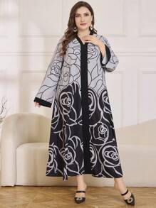 Al Najma Elegant Floral Plus Size Arabic Style Dress - Black - View 5