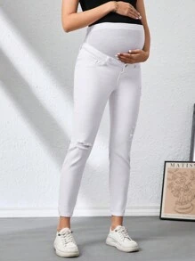 SHEIN 孕妇休闲纯色破洞修身牛仔裤