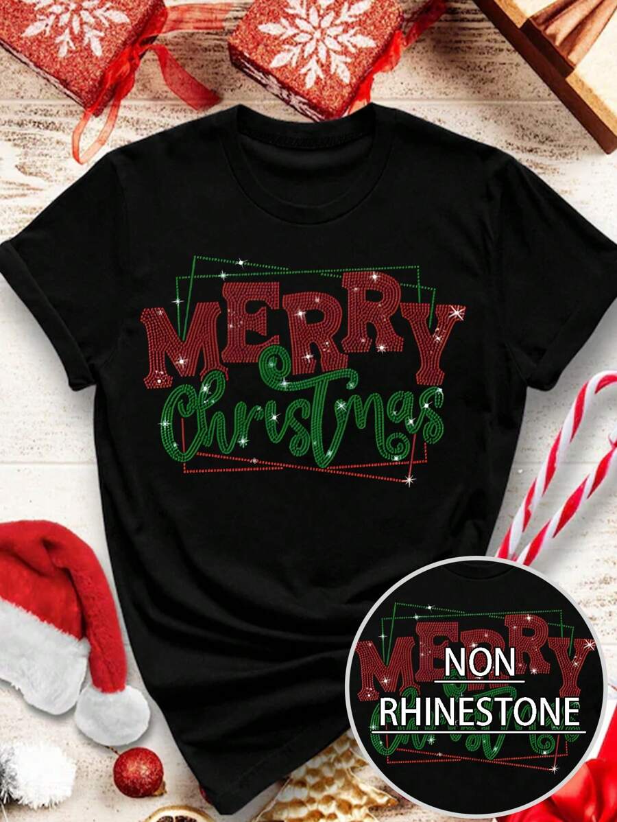 Calvaya Áo thun nữ cỡ lớn in chữ Giáng sinh, cổ tròn, tay ngắn, kiểu dáng thường ngày, đa năng. - màu đen - Xem 1