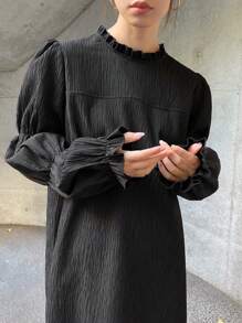 FRIFUL Women's Solid Color Midi Dress, Simple Casual Everyday Wear,Fall Clothes Long Sleeve Dress