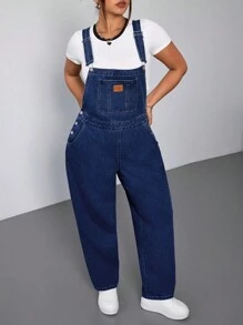 SHEIN ICON Plus Size Casual Washed Simple Denim Bib Overalls - Dark Wash - View 4