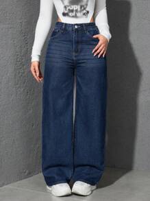 SHEIN ICON Casual Versatile Loose Straight-Leg Jeans - Medium Wash - View 4
