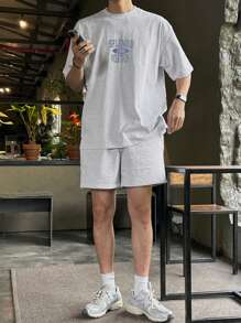 DAZY 2pcs/Set Men Letter Print T-Shirt And Shorts Set - Grey - View 3
