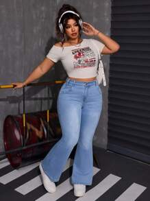 SHEIN ICON Jeans acampanados elásticos de talla grande lavados