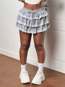 Slaydiva 休闲甜美运动衫面料 & 荷叶边下摆 & A 字型迷你裙 - 灰色 - 查看 4