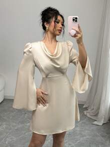 SHEIN Unity Women Satin Plunging Neck Long Sleeve Dress Fall Cloth For Women - Apricot - View 4