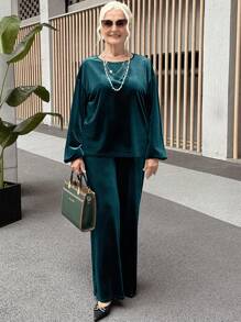 SHEIN LUNE 2pcs Women's Elegant Solid Color Long Sleeve Blouse And Pants Set Two Pieces Set Women - Dark Green - View 1