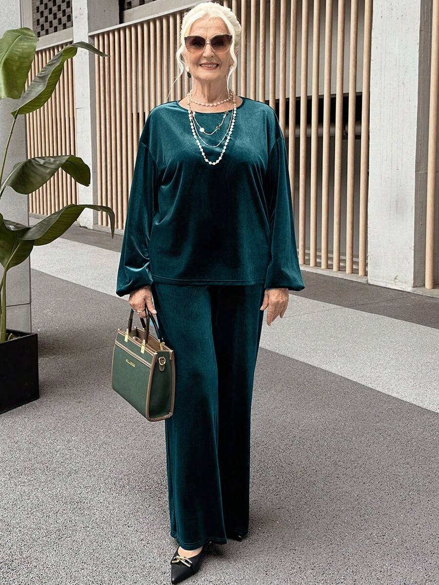 SHEIN LUNE 2pcs Women's Elegant Solid Color Long Sleeve Blouse And Pants Set Two Pieces Set Women - Dark Green - View 1