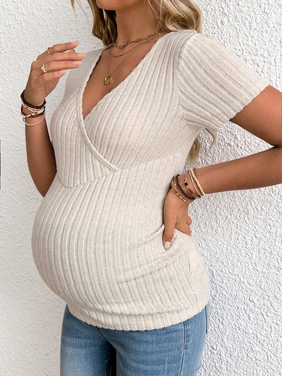 SHEIN Maternity Solid Ruched Side Short Sleeves Tee - Apricot - View 1