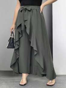 SHEIN LUNE Plus Size Women Ruffle Waist Wide Leg Pants Casual Culottes Fall - Grey - View 4