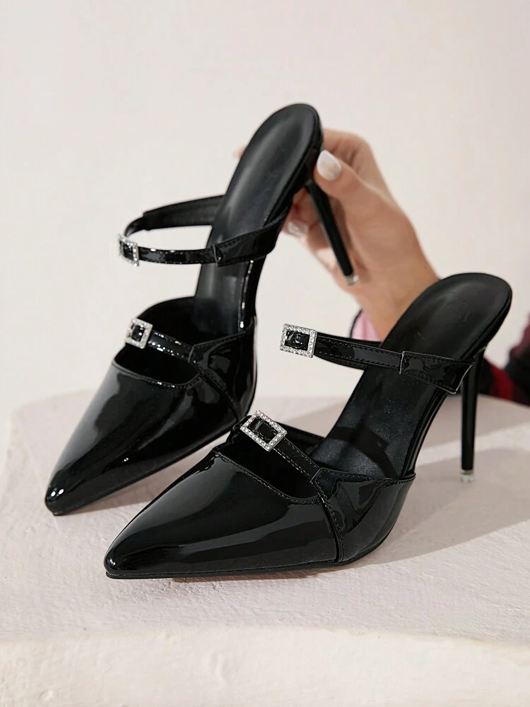 CUCCOO CHICEST Tacones altos de punta puntiaguda y estilo stiletto para mujer, elegantes taconcitos de estilo dama negros de corte bajo con hebilla de rhinestone, sandalias sexys y versátiles de tacón medio para el Día de San Valentín