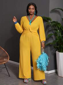 Slaydiva Elegant Commute Party Date Outfit, Solid-Color Magenta Long Sleeve Waist Twist Bowknot High Waist Wide Leg Jumpsuit, Plus Size For Valentine's Day - Yellow - View 8