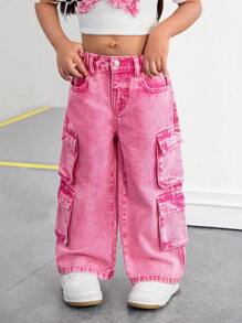 SHEIN Jong meisje Y2K grijs denim cargo pocket losse wijde broek, meisje herfst en winter denim jeans kleding