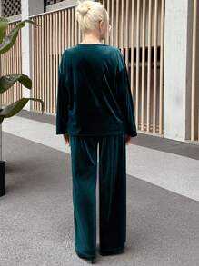 SHEIN LUNE 2pcs Women's Elegant Solid Color Long Sleeve Blouse And Pants Set Two Pieces Set Women - Dark Green - View 2