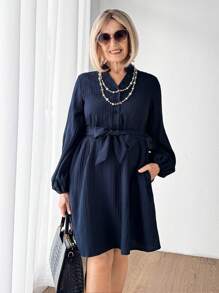 Miaspire Women Casual Solid Color Lantern Sleeve Short Dress, Autumn