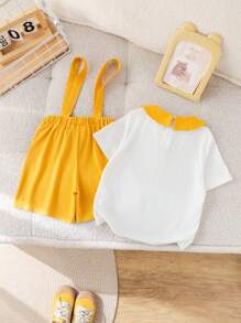 SHEIN 2pcs Set Young Boy Collared Short Sleeve Shirt With Contrasting Trim Suspender Pants Gentleman Suit, Elegant Gentleman British Style Suitable For Birthday Party, Baptism, 1st Birthday Celebration, Formal Occasions, Wedding - White - View 2