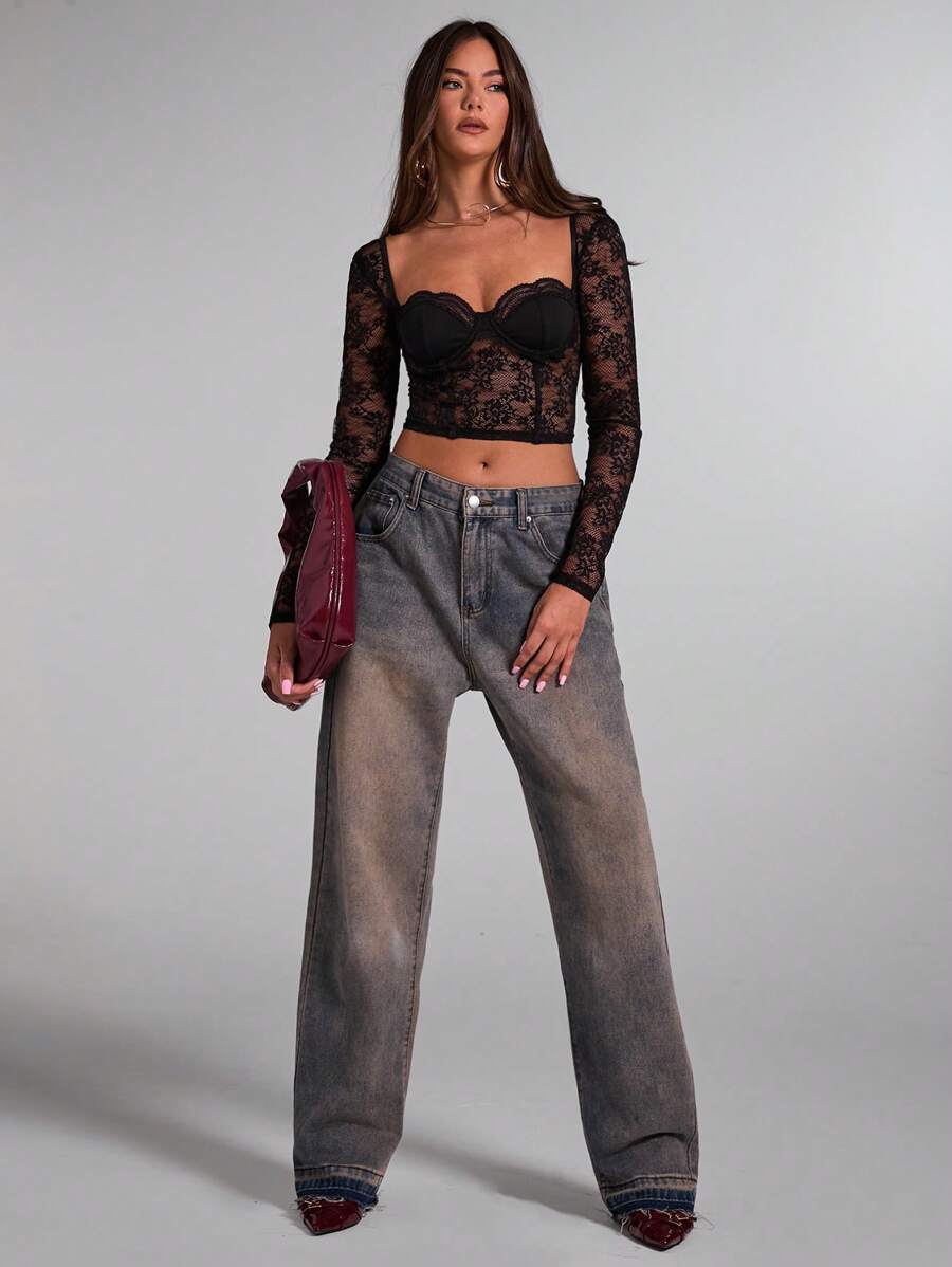 SHEIN BAE 女式甜心领长袖蕾丝拼接黑色紧身胸衣上衣性感新年上衣，新年女装，女式紧身胸衣上衣