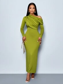 SOLERSUN Suitable For Christmas Party Vacation & Dating Asymmetrical Neck Pleated Elegant Bodycon Dress - Green - View 6