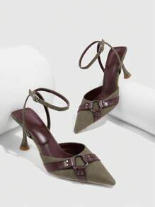 CUCCOO SZL Zapatos de tacón alto con punta puntiaguda de PU vintage verde oliva para mujeres