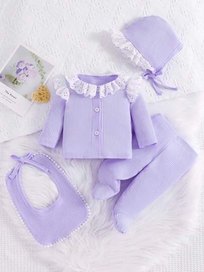 SHEIN Baby Girls ' Simple Solid Purple Long Sleeve Top & Long Pants Set With Hat And Bib, Casual Loungewear Holiday Travel Releax Summer Clothes