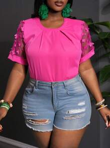 Slaydiva Plus Size Summer Elegant & Commute & Party Loose Solid Rose Red Short Sleeve Mesh Butterfly Appliques Blouse, Spring/Autumn - Hot Pink - View 6