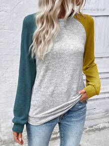 SHEIN LUNE 女式休闲撞色拼接插肩袖运动衫，秋季 - 彩色 - 查看 3