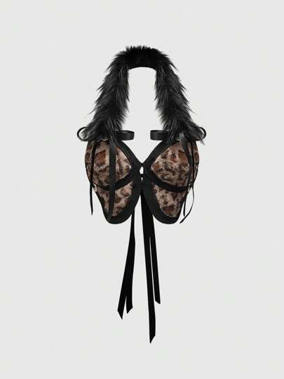 J-Fashion Top décontracté avec panneau en fourrure et nœud devant, tenue minimaliste pour le quotidien