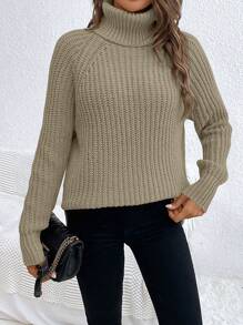SHEIN LUNE High Neck Solid Color Casual Sweater With Side Slit Raglan Sleeves, Autumn/Winter - Khaki - View 3