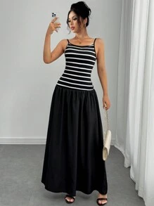 Chiquease Fashionable & Elegant Striped Knitted Camisole Dress With Contrasting Colors