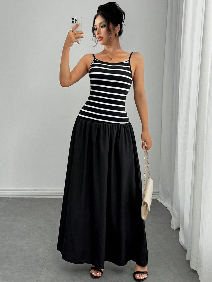 Chiquease Fashionable & Elegant Striped Knitted Camisole Dress With Contrasting Colors