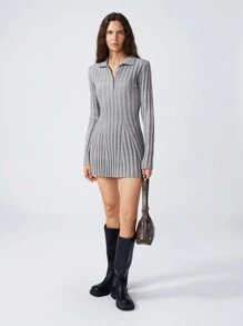 LYSMO Women Casual Solid Color Polo Collar Long Sleeve Fitted Knit Sweater Dress