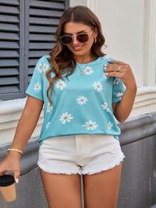 SHEIN LUNE 大码女式休闲蓝色雏菊全身印花宽松短袖 T 恤，夏季 - 白色 - 查看 5