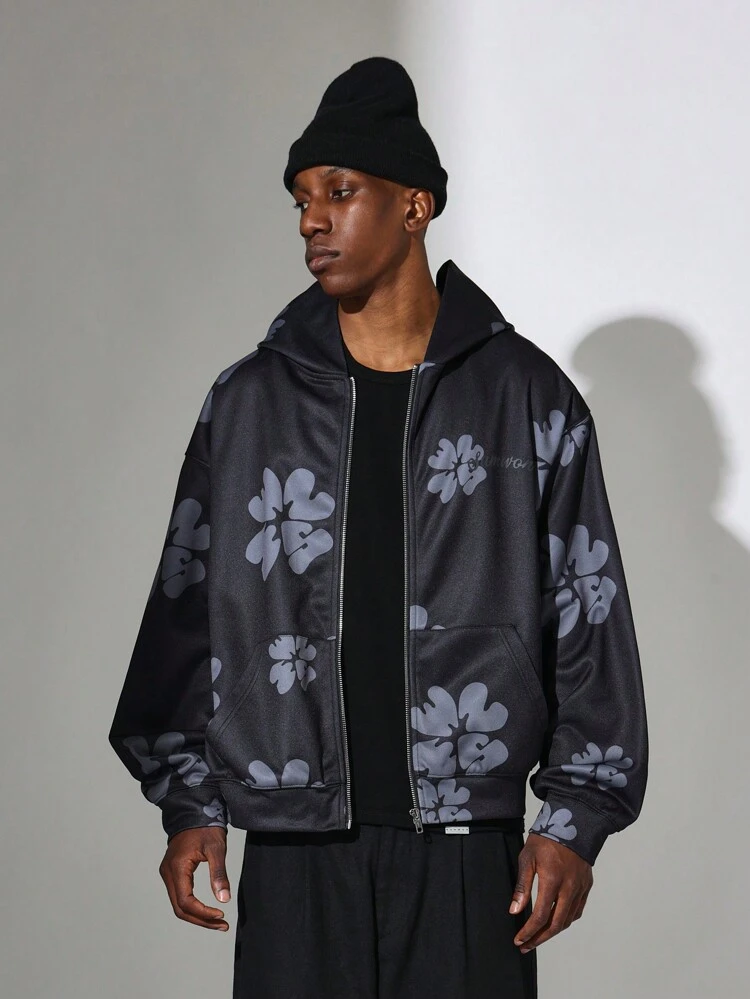 Floral Pattern All Over Print Zip-Up Hoodie