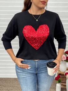 SHEIN LUNE 大码女式心形图案圆领长袖休闲运动衫新年女式T恤情人节 - 黑色 - 查看 1