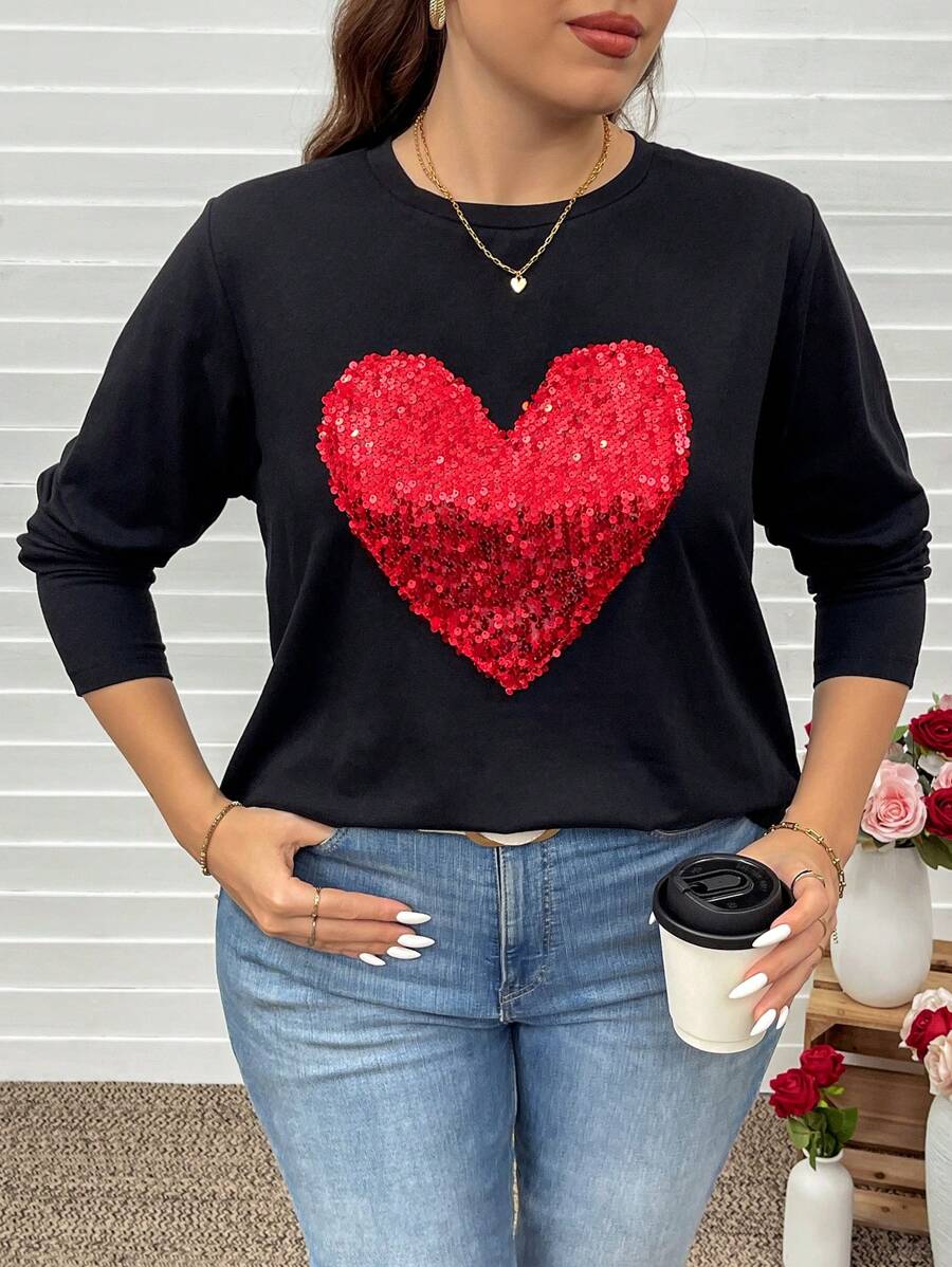 SHEIN LUNE 大码女式心形图案圆领长袖休闲运动衫新年女式T恤情人节 - 黑色 - 查看 1
